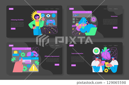 Vector illustration set showcasing business concepts like teamwork, efficiency improvement, and checklist management. Features diverse individuals engaging in tasks, technology, and coordination 129065598