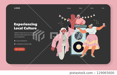 Silver Society. Seniors enjoy vibrant local culture at a lively celebration, sharing music, dance, and community spirit in a cheerful setting. Modern website layout. Vector illustration. Silver Society. Seniors enjoy vibrant local culture at a lively celebration, sharing music, dance, and community spirit in a cheerful setting. Modern website layout. Vector illustration. 129065600