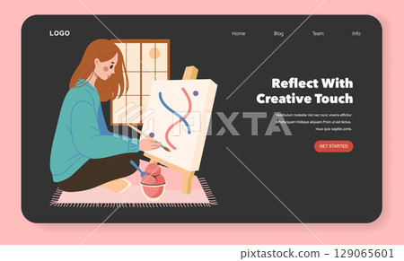 Vector illustration of a woman painting on a canvas in a creative art studio setting. The woman is focused and concentrated, using vibrant colors and abstract forms to express creativity. 129065601