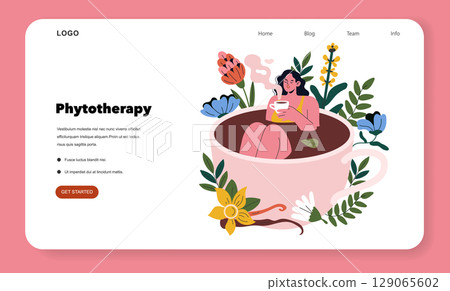 Vector illustration of a woman relaxing in a large floral tea cup surrounded by botanical elements. The scene reflects a calming and serene atmosphere, ideal for wellness themes. 129065602