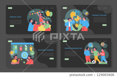 Set of vector illustrations depicting team building activities. Scenes include promoting talent, community building, encouraging teamwork, and improving communication, highlighting cooperation. Set of vector illustrations depicting team building activities. Scenes include promoting talent, community building, encouraging teamwork, and improving communication, highlighting cooperation. 129065606