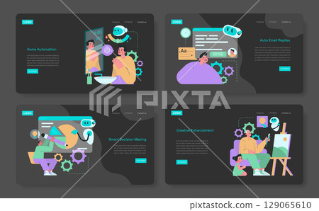 Vector illustration set showcasing futuristic smart home automation. Scenes include smart mirrors, automated email systems, decision-making tools, and creative enhancement, highlighting tech Vector illustration set showcasing futuristic smart home automation. Scenes include smart mirrors, automated email systems, decision-making tools, and creative enhancement, highlighting tech 129065610