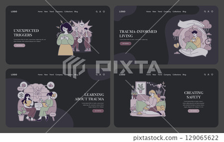 Set of vector illustrations depicting emotional responses and coping mechanisms related to trauma. Each image portrays people engaging in healing practices and self-reflection, conveying comfort and Set of vector illustrations depicting emotional responses and coping mechanisms related to trauma. Each image portrays people engaging in healing practices and self-reflection, conveying comfort and 129065622