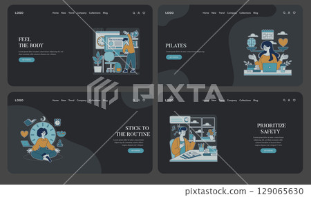 Set of vector illustrations depicting themes of wellness, productivity, and safety. Characters are engaged in activities such as yoga, time management, and desk work, each with motivational messages. 129065630