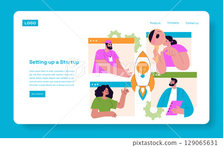 Megapolis Innovation Center. A digital space showcasing creative minds collaborating to launch startups. Features diverse characters brainstorming ideas and launching projects. Vector illustration. 129065631