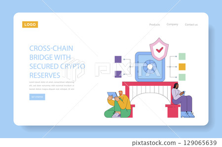 Vector illustration showing two people using digital devices on a bridge symbolizing a cross-chain crypto platform with secure reserves. Eye-catching graphic design. Vector illustration showing two people using digital devices on a bridge symbolizing a cross-chain crypto platform with secure reserves. Eye-catching graphic design. 129065639