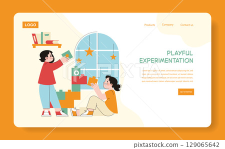 Preschool Education concept. Children engaging in creative play with colorful building blocks in a bright classroom setting. Interactive learning and cognitive development. Vector illustration. 129065642
