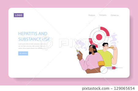 Vector illustration depicting hepatitis and substance use issues. Two individuals display serious expressions, one holding a syringe, the other vaping. Aimed for awareness campaigns. Vector illustration depicting hepatitis and substance use issues. Two individuals display serious expressions, one holding a syringe, the other vaping. Aimed for awareness campaigns. 129065654