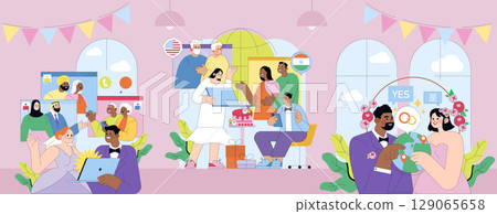 Vector illustration of a virtual celebration featuring diverse cultural groups interacting through video calls. Participants share joy, connectedness, and unity across different locations. Vector illustration of a virtual celebration featuring diverse cultural groups interacting through video calls. Participants share joy, connectedness, and unity across different locations. 129065658