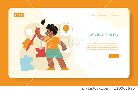 Child engaged in motor skill development with colorful puzzles and a paintbrush. This illustration highlights the importance of preschool education in fostering creativity and physical coordination 129065659