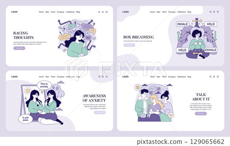 Set of vector illustrations depicting mental health themes like anxiety, breathing exercises, and open discussions. Characters show expressions of stress, calmness, and support. 129065662