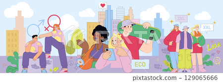 Vector illustration of a diverse group happily engaging in urban activities. Includes eco-friendly messages, body positivity, skateboarding, and social media interaction in the cityscape. Vector illustration of a diverse group happily engaging in urban activities. Includes eco-friendly messages, body positivity, skateboarding, and social media interaction in the cityscape. 129065666