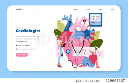 Vector illustration featuring a cardiologist examining heart health. Includes professionals and a large heart model with vital signs, highlighting medical analysis and cardiovascular health. Vector illustration featuring a cardiologist examining heart health. Includes professionals and a large heart model with vital signs, highlighting medical analysis and cardiovascular health. 129065667