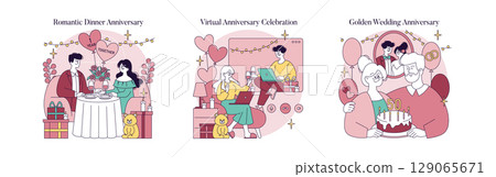 Set of vector illustrations depicting anniversary celebrations. Scenes include a romantic dinner, a virtual celebration, and a golden wedding anniversary. Each showcases unique themes and emotions of 129065671