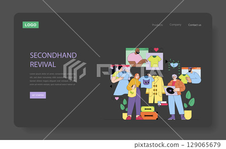 Vector illustration of people enjoying secondhand shopping. Shows diverse individuals browsing clothing and accessories, highlighting sustainable fashion. Light-hearted and colorful. 129065679