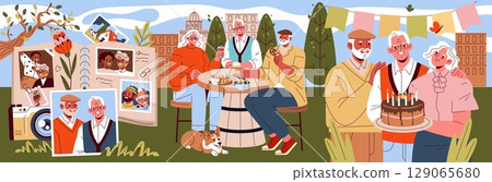 Elderly friends celebrating a birthday outdoors, sharing a cake and drinks at a table. Photos and scrapbook elements add nostalgia to the scene. Vector illustration captures joy and camaraderie. 129065680