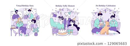 Vector illustration depicting a virtual birthday party, a selfie celebration, and a pet birthday. People are sharing joyful moments with balloons, gifts, and a birthday cake. 129065683