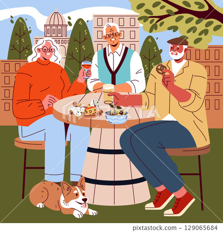 Vector illustration of three friends at an outdoor cafe enjoying drinks and snacks with joyful expressions. A dog relaxes nearby, adding to the lively atmosphere of the gathering. 129065684