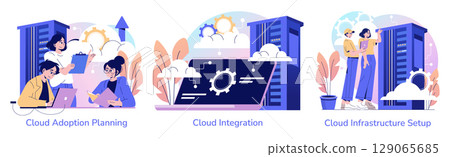 Vector illustration depicting cloud adoption and integration planning. Teams strategize cloud solutions around servers, technology infrastructure, and digital transformations in a business setting. 129065685