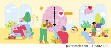 Vector illustration depicting various collaborative activities for mental wellness and creativity. People engage in listening to music, painting, and caring for plants, promoting positive brain health Vector illustration depicting various collaborative activities for mental wellness and creativity. People engage in listening to music, painting, and caring for plants, promoting positive brain health 129065686