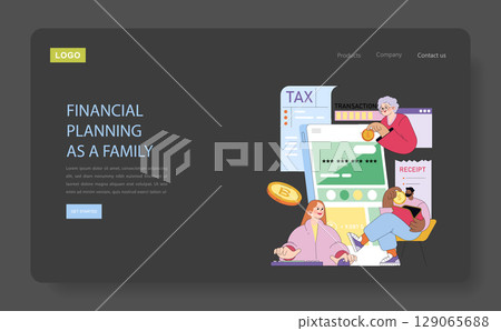 Vector illustration of a family planning finances together, featuring elements like tax documents, transactions, and digital currency. People are smiling and engaged in financial activities. Vector illustration of a family planning finances together, featuring elements like tax documents, transactions, and digital currency. People are smiling and engaged in financial activities. 129065688