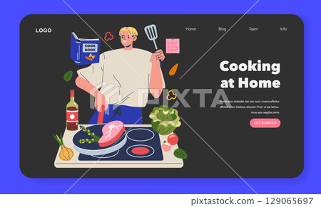 Person cooking at home using a cookbook for guidance. Fresh ingredients and kitchen utensils are visible, creating a cozy culinary scene. Vector illustration. 129065697