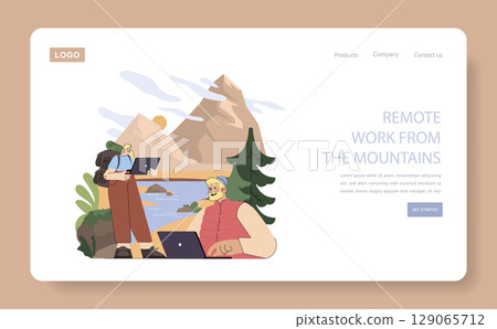 Mountain tourism concept. People working on laptops outdoors with mountain scenery and a river. Exploring remote work opportunities in nature, digital nomad lifestyle, adventure travel. Vector 129065712