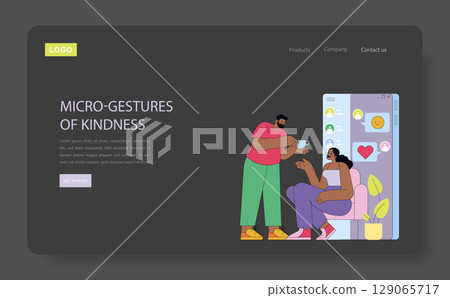 Vector illustration of a website design featuring a kind gesture between two people, one offering a cup. Includes digital interface elements like icons and a chat window. Vector illustration of a website design featuring a kind gesture between two people, one offering a cup. Includes digital interface elements like icons and a chat window. 129065717