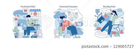 Vector illustration depicting three scenes of workplace burnout and stress. Individuals experiencing mental exhaustion, managing overwhelming tasks, and reaching a breaking point in their roles. 129065727