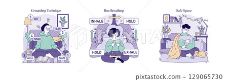 Vector illustration showcasing grounding techniques using five senses and box breathing for stress relief. Includes safe space for relaxation, emphasizing mindfulness and calm. 129065730