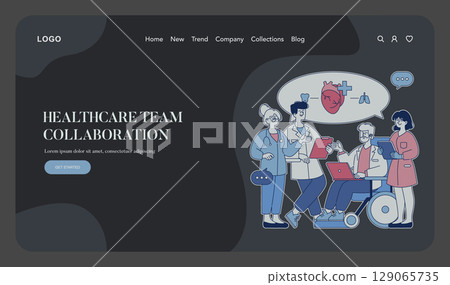 Healthcare teamwork illustration. Professionals collaborate to enhance patient care through effective communication. Diverse roles contribute to improved health outcomes using technology and expertise 129065735