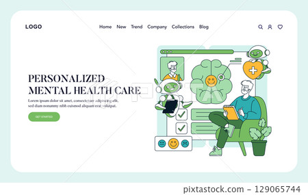 Vector illustration depicting personalized mental health care. A professional consults with a digital assistant to analyze mental health data, emphasizing individual well-being. 129065744