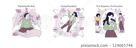 Vector illustration depicting emotional regulation and setting boundaries. It shows individuals practicing self-care, managing responses, and maintaining healthy emotional boundaries. Vector illustration depicting emotional regulation and setting boundaries. It shows individuals practicing self-care, managing responses, and maintaining healthy emotional boundaries. 129065746