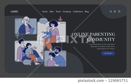 Vector illustration of an online parenting community interface, featuring diverse families in video chat windows. Shows positive interactions and discussions among members. Vector illustration of an online parenting community interface, featuring diverse families in video chat windows. Shows positive interactions and discussions among members. 129065751
