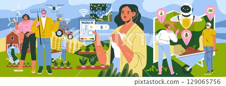 Vector illustration features smart farming integrating AI for weather forecasting, drone monitoring, and sustainable agricultural practices. People engage in crop management using advanced tools. 129065756
