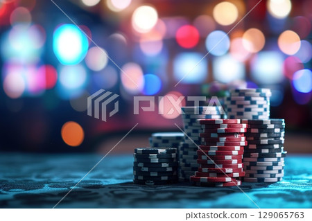 Stacks of Casino Chips in Red White and Blue on Textured Gaming Table. 129065763
