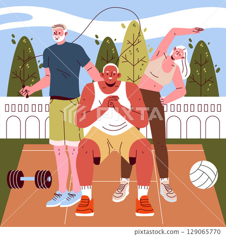 Vector illustration of three people engaging in outdoor exercises. One person jumps rope, another squats, while a third stretches, promoting fitness and teamwork in a park setting. 129065770