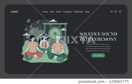 Vector illustration of three people participating in a solstice sound bath ceremony. They sit peacefully with calming expressions, surrounded by musical notes and a gong. Vector illustration of three people participating in a solstice sound bath ceremony. They sit peacefully with calming expressions, surrounded by musical notes and a gong. 129065775
