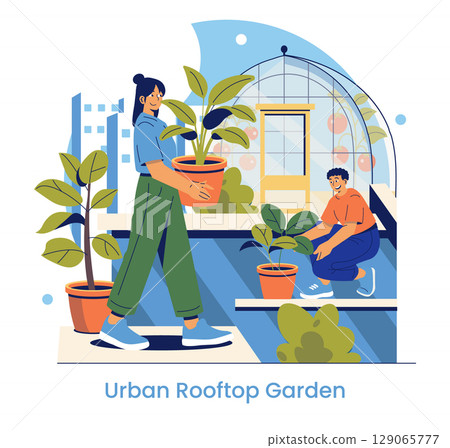 Vector illustration of two people engaged in urban rooftop gardening. One carries a potted plant while the other tends to a plant, symbolizing teamwork and environmental care. Vector illustration of two people engaged in urban rooftop gardening. One carries a potted plant while the other tends to a plant, symbolizing teamwork and environmental care. 129065777