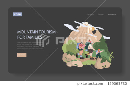 Mountain tourism concept. Family group with backpacks hiking together on scenic mountain trail, surrounded by nature and rocky landscape, enjoying outdoor adventure and travel. Vector illustration. Mountain tourism concept. Family group with backpacks hiking together on scenic mountain trail, surrounded by nature and rocky landscape, enjoying outdoor adventure and travel. Vector illustration. 129065780