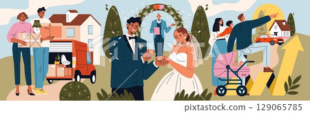 Vector illustration depicting key life events such as moving into a new home, a joyful wedding ceremony, and family growth moments, highlighting happiness, love, and future planning. Vector illustration depicting key life events such as moving into a new home, a joyful wedding ceremony, and family growth moments, highlighting happiness, love, and future planning. 129065785
