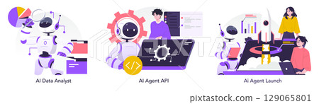 Vector illustration depicting AI data analyst analyzing charts, an AI agent API developer coding, and a launch team preparing for a rocket launch, illustrating teamwork and technology. 129065801