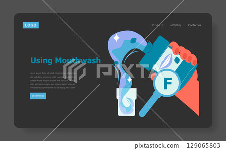Vector illustration showing mouthwash being poured from a bottle into a glass. The design features a magnifying glass revealing fluoride content, emphasizing oral hygiene. Vector illustration showing mouthwash being poured from a bottle into a glass. The design features a magnifying glass revealing fluoride content, emphasizing oral hygiene. 129065803