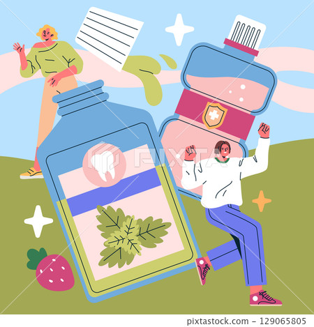 Vector illustration of vibrant dental care products with lively characters expressing joy. Includes toothpaste and mouthwash in an artistic presentation with cheerful individuals. Vector illustration of vibrant dental care products with lively characters expressing joy. Includes toothpaste and mouthwash in an artistic presentation with cheerful individuals. 129065805