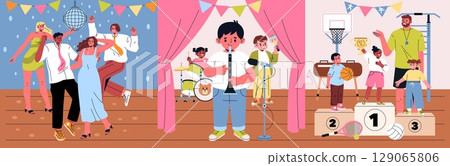 Vector illustration depicting a lively event with people dancing at a party, children performing on stage with musical instruments, and a sports award ceremony with winners on podiums. 129065806