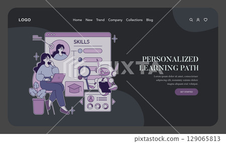 Vector illustration of a personalized learning path featuring a woman using a laptop and an AI robot analyzing skills on a digital interface. Emphasizes education technology and skill development. Vector illustration of a personalized learning path featuring a woman using a laptop and an AI robot analyzing skills on a digital interface. Emphasizes education technology and skill development. 129065813