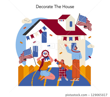 Family decorating home with American flags for Labor Day, capturing a festive patriotic moment. 129065817