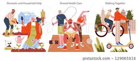 Vector illustration depicting community activities of gardening, fitness, and transportation. Shows diverse people engaging in gardening, exercising together, and enjoying outdoor mobility. Vector illustration depicting community activities of gardening, fitness, and transportation. Shows diverse people engaging in gardening, exercising together, and enjoying outdoor mobility. 129065818