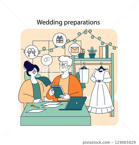 Wedding preparations concept. A couple organizes their upcoming celebration, choosing invitations and decorations in a cozy home office. 129065829