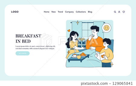 Vector illustration of a cheerful family enjoying breakfast in bed. The scene includes a tray with breakfast items and a warm atmosphere, depicting a joyful family moment. 129065841